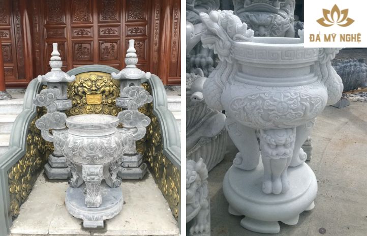Lư hương đá thường có hình dạng vuông hoặc tròn, cấu tạo gồm tai lư, thân lư và chân lư